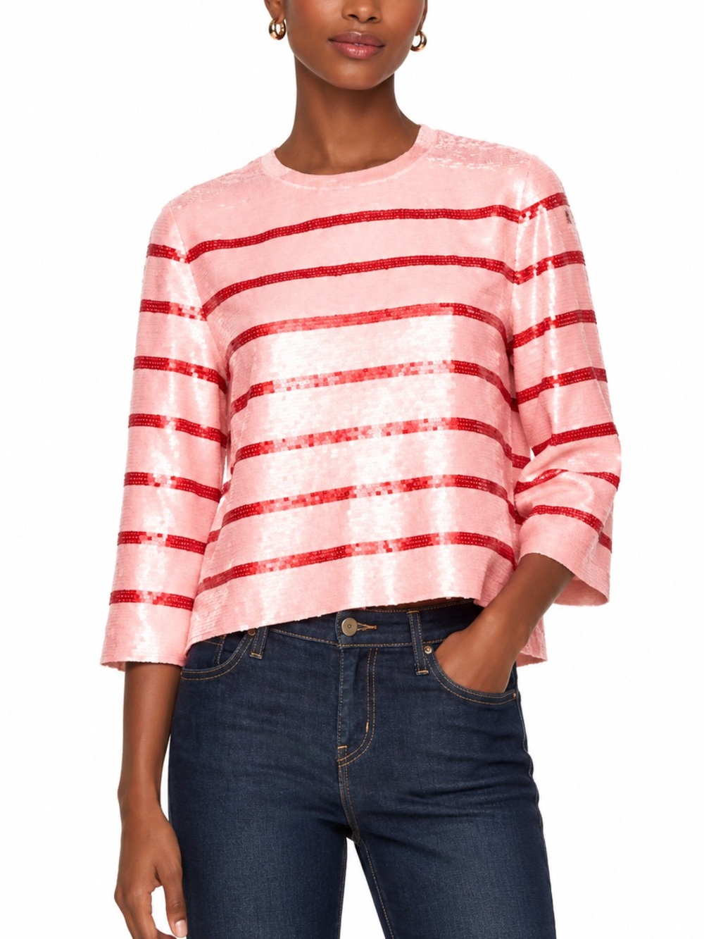 Kate Spade Pink and Red Sequin Striped Boxy Top - Size 6